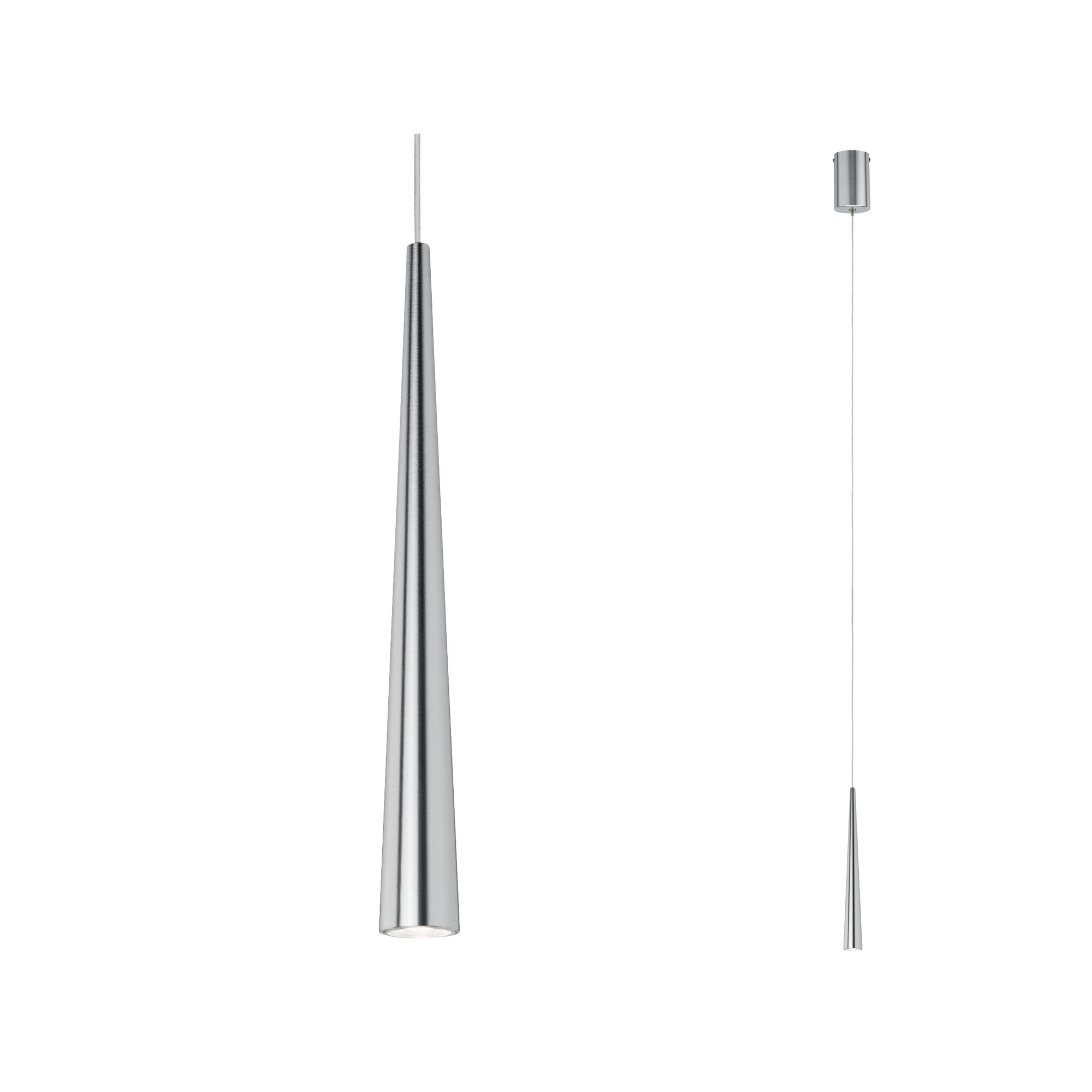 Schmale Pendelleuchte aus gebürstetem Aluminium in Silber mit LED-Lichtquelle für moderne Innenräume