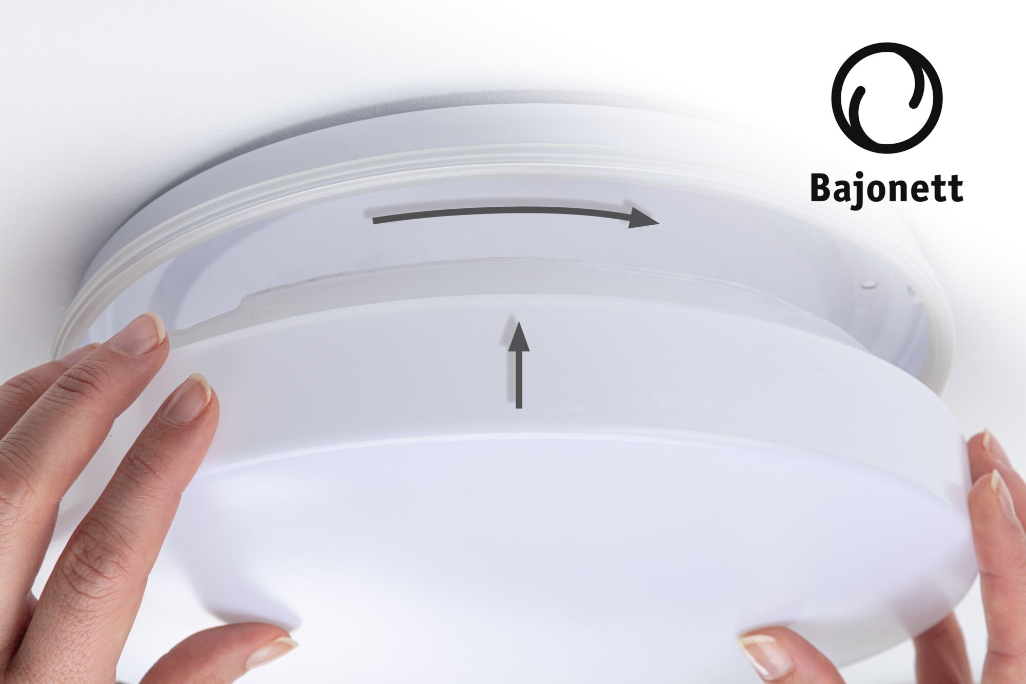 White plastic ceiling light with bayonet mount for easy ceiling installation and secure fitting