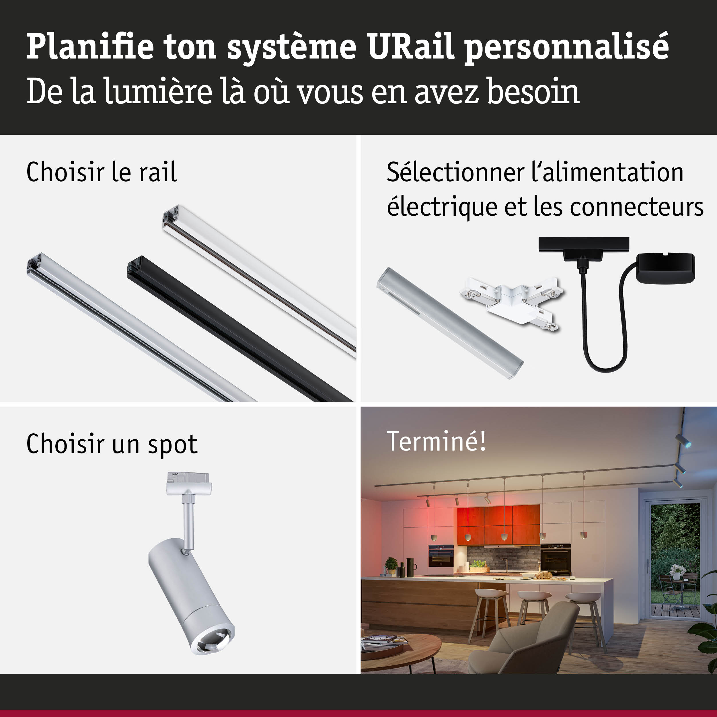 Système de rail URail modulaire en aluminium noir et blanc avec alimentation électrique et connecteurs