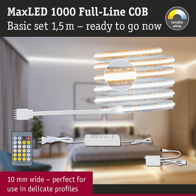 MaxLED 1000 Full-Line COB LED strip 1.5m with remote and power supply, tunable white light for delicate profiles