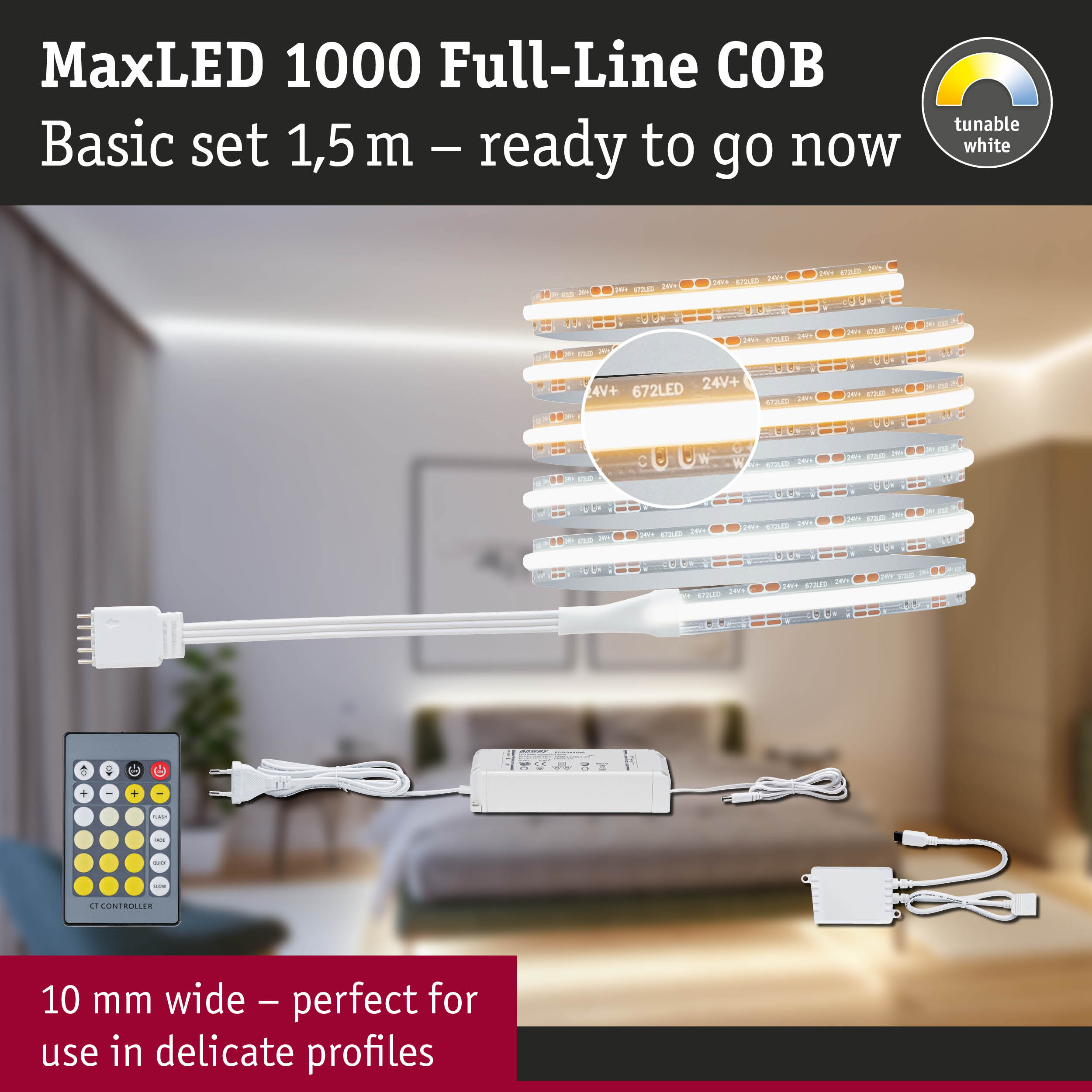 MaxLED 1000 COB LED strip 1.5m with remote control and tunable white light for home lighting