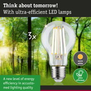 Clear LED bulb with warm white light and ultra-efficient energy technology against green forest background