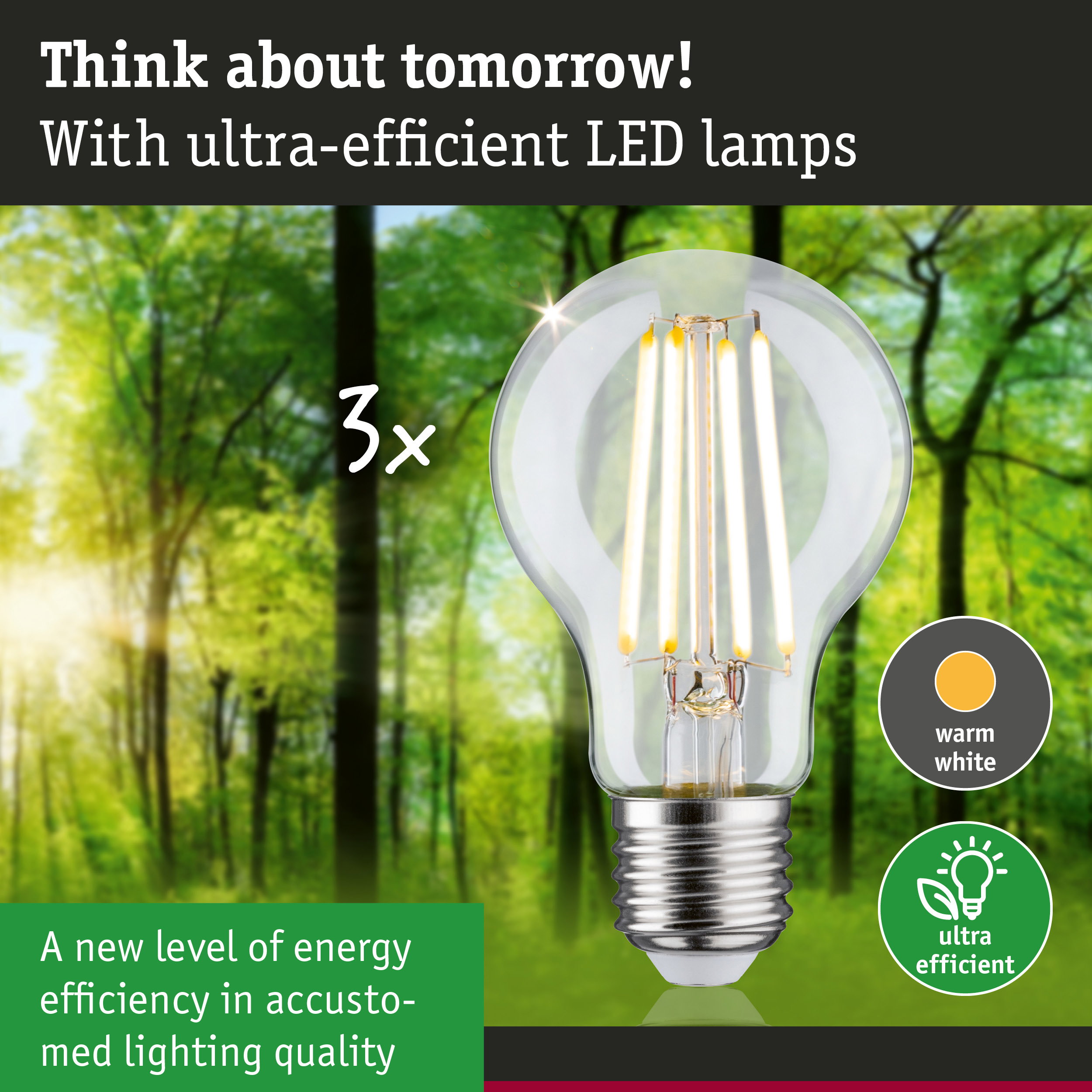 Clear LED bulb with warm white light and ultra-efficient energy technology against green forest background