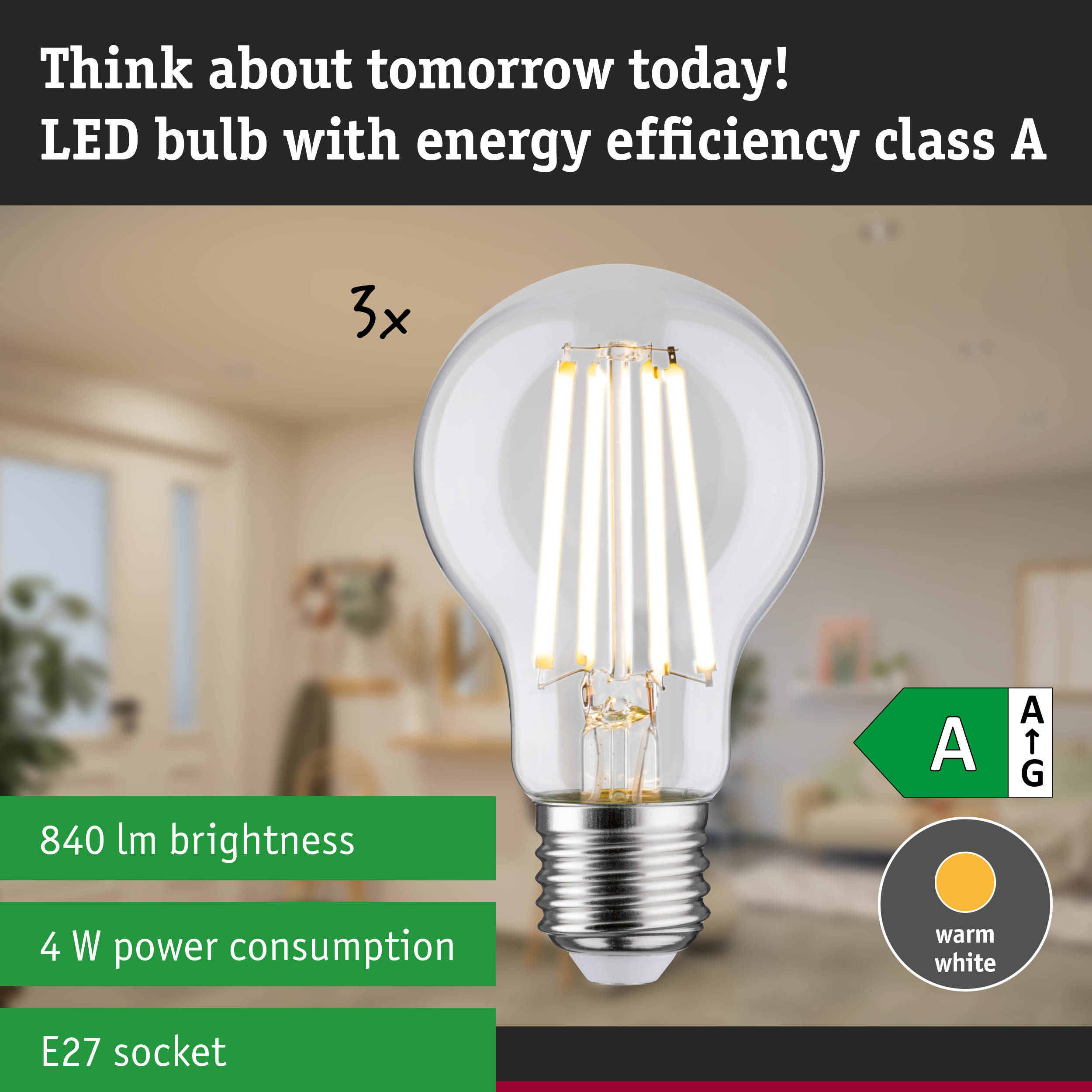 Clear LED bulb with warm white light and ultra-efficient energy technology against green forest background