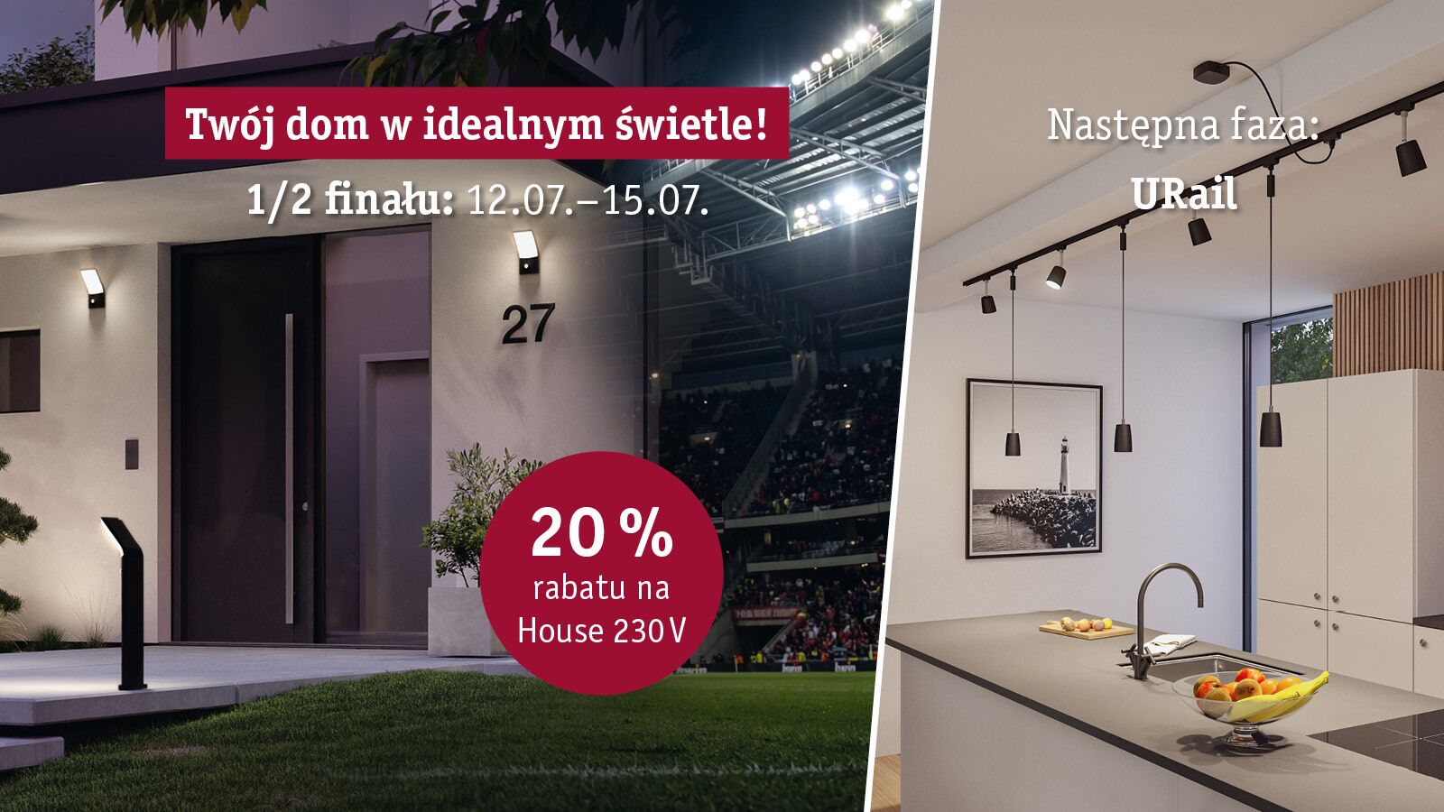 Nowoczesne oświetlenie domu na zewnątrz i czarne lampy wiszące URail w kuchni wewnątrz