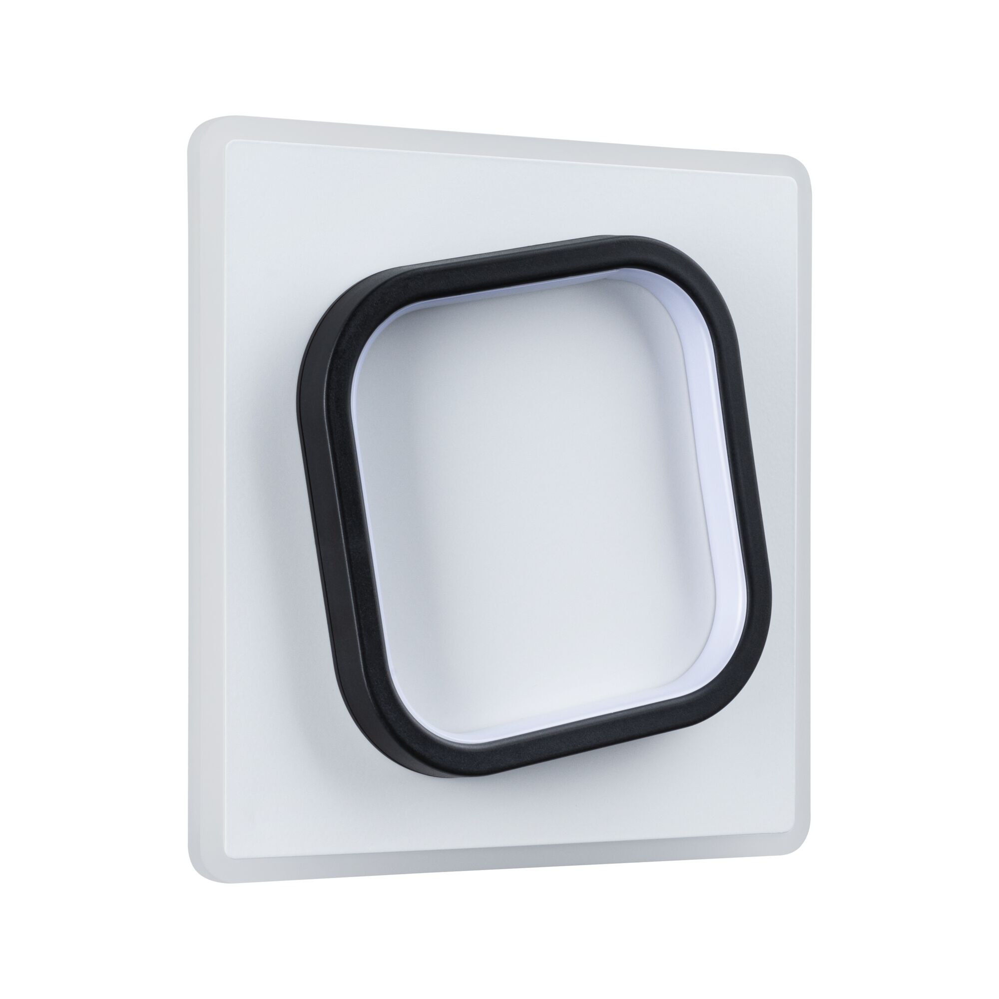 Modern square LED wall light in white with black plastic frame for indoor lighting solutions