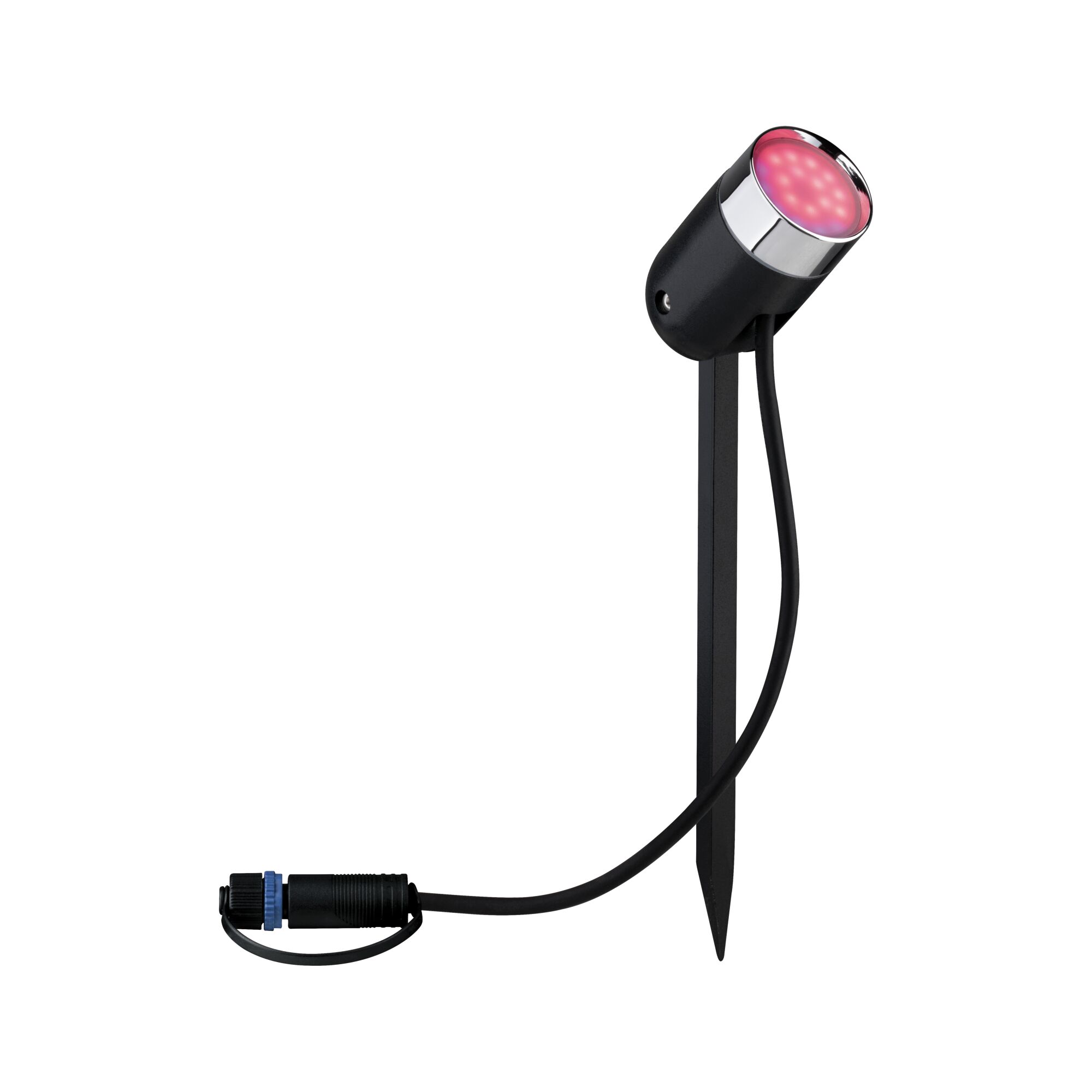 Zwarte LED-tuinschijnwerper met grondpen en rood licht, weerbestendige buitenverlichting
