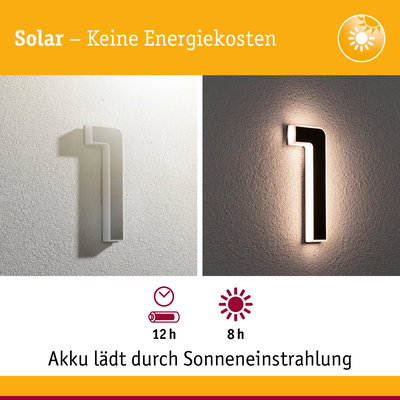 Solarbetriebene Wandlampe mit moderner Nummer 1 in Weiß, Akku lädt durch Sonnenenergie für 8 Stunden Licht
