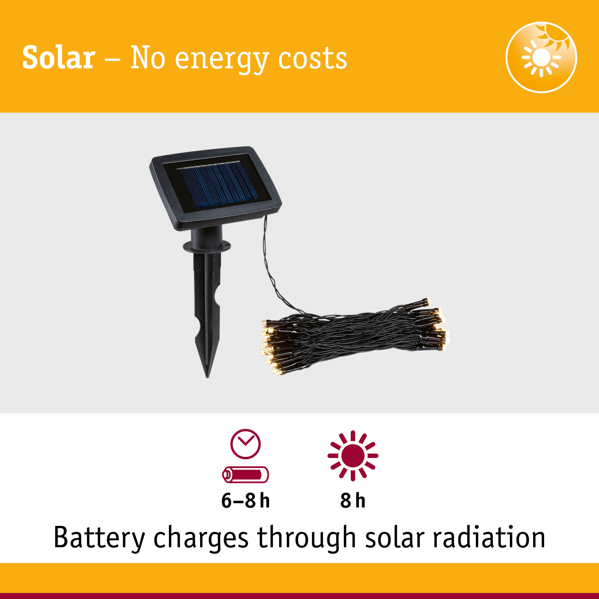 Black solar panel with LED string lights for energy-saving outdoor lighting without energy costs