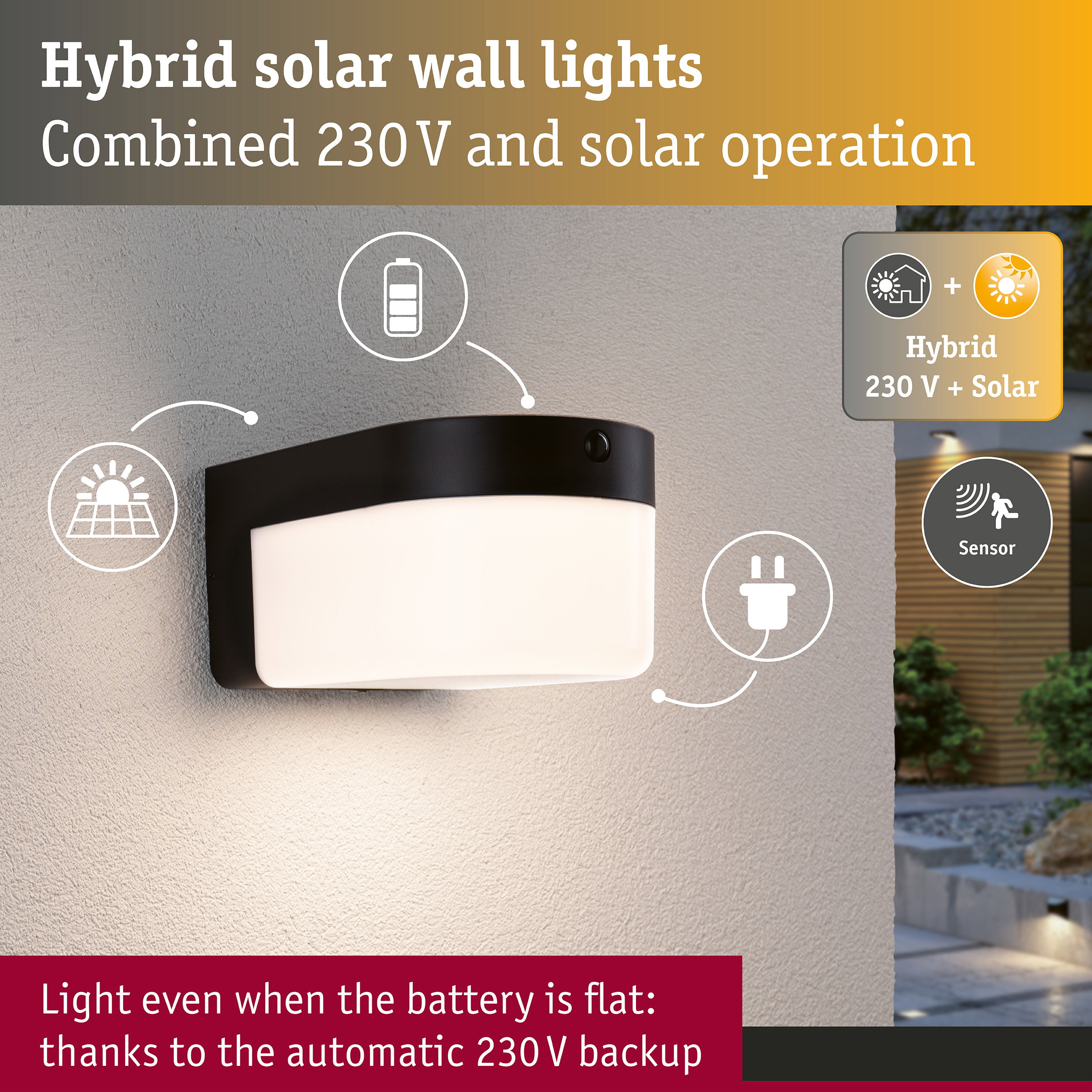 Hybrid LED Exterior wall light Calyne House 230V + Solar IP44 angular 145x229mm 3000K 2,3W 230lm 230V Black