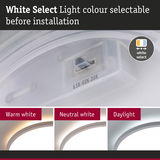 White LED ceiling light with selectable warm white, neutral white, and daylight colour options.