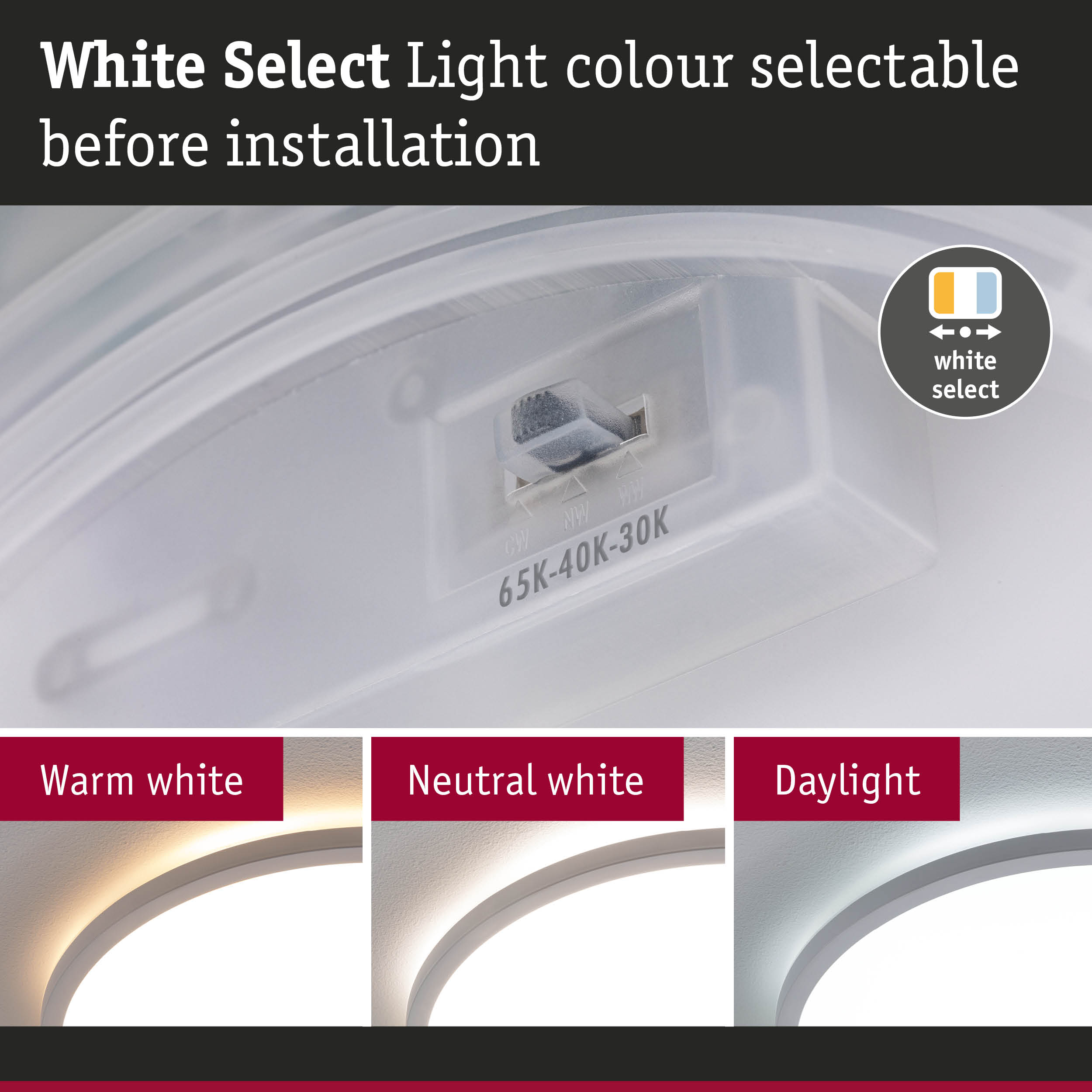White light colour selector before installation showing warm white, neutral white, and daylight options