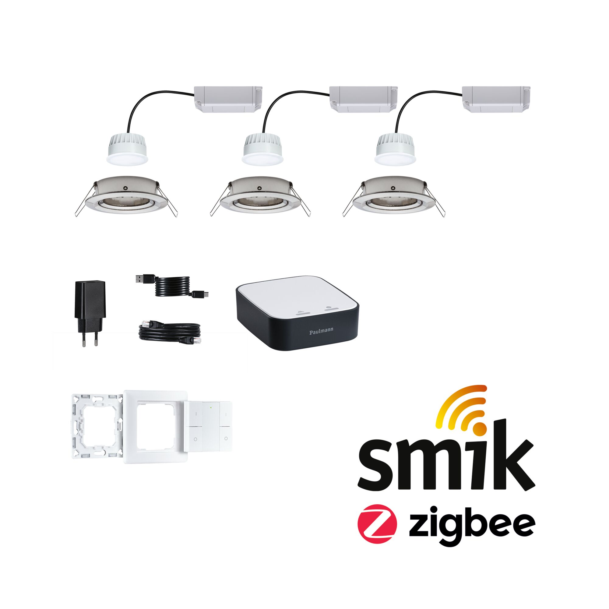 Preisattraktives Starterset Smart Home smik Gateway mit Wandtaster + LED Einbauleuchte Nova Plus Coin Basisset schwenkbar RGBW Smart Home Zigbee LED Einbaustrahler Set mit Steuerzentrale, Schalter und Netzteil in Weiß und Schwarz