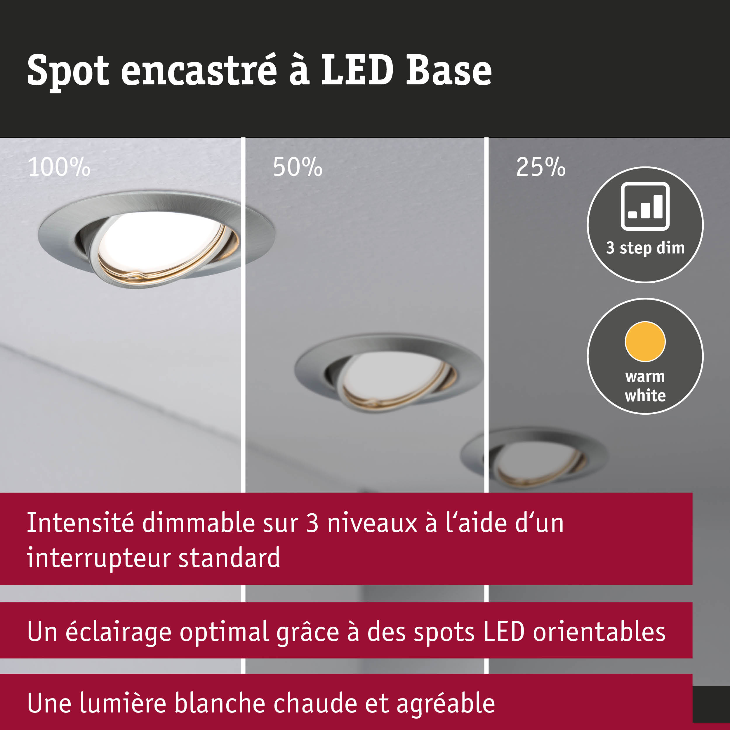 Spot LED encastré en aluminium brossé avec lumière blanc chaud et variateur 3 niveaux