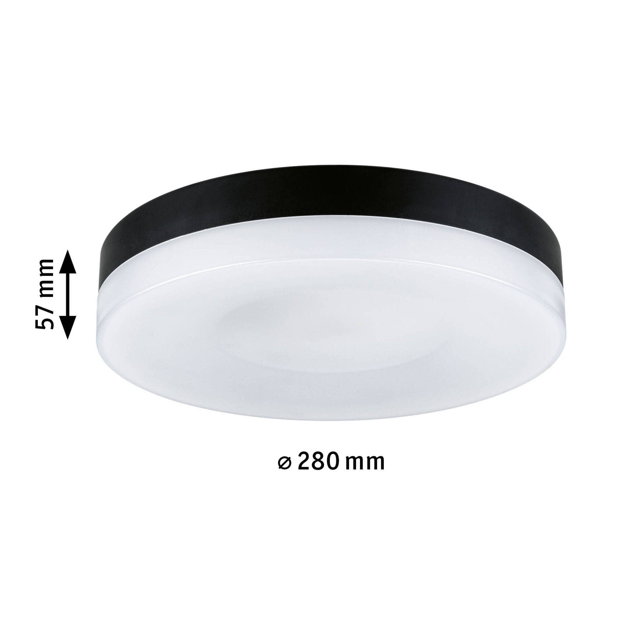 Round ceiling light with black rim and white diffuser, 280 mm diameter, LED lighting fixture