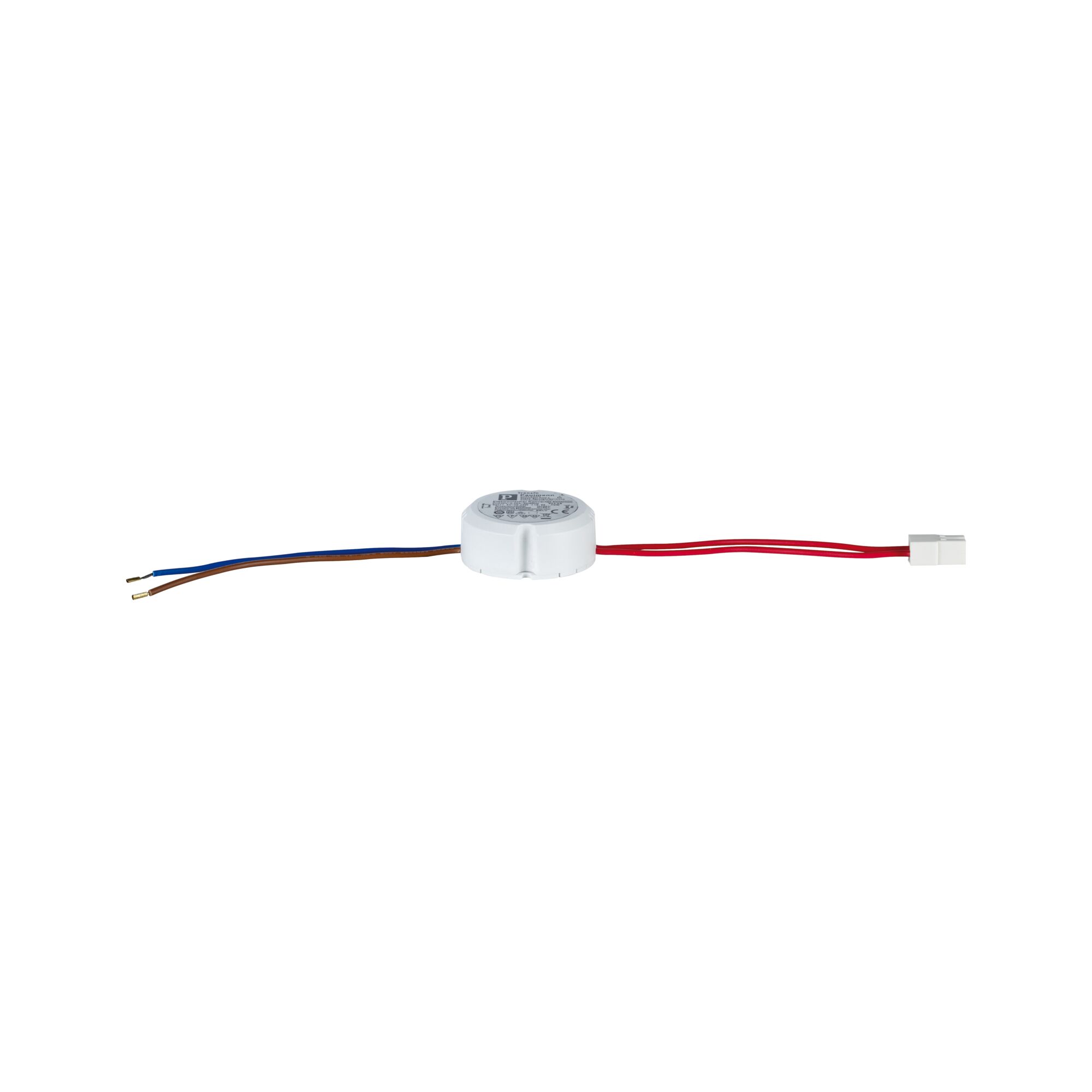 Small white LED driver with blue, brown, and red wires for LED lighting applications