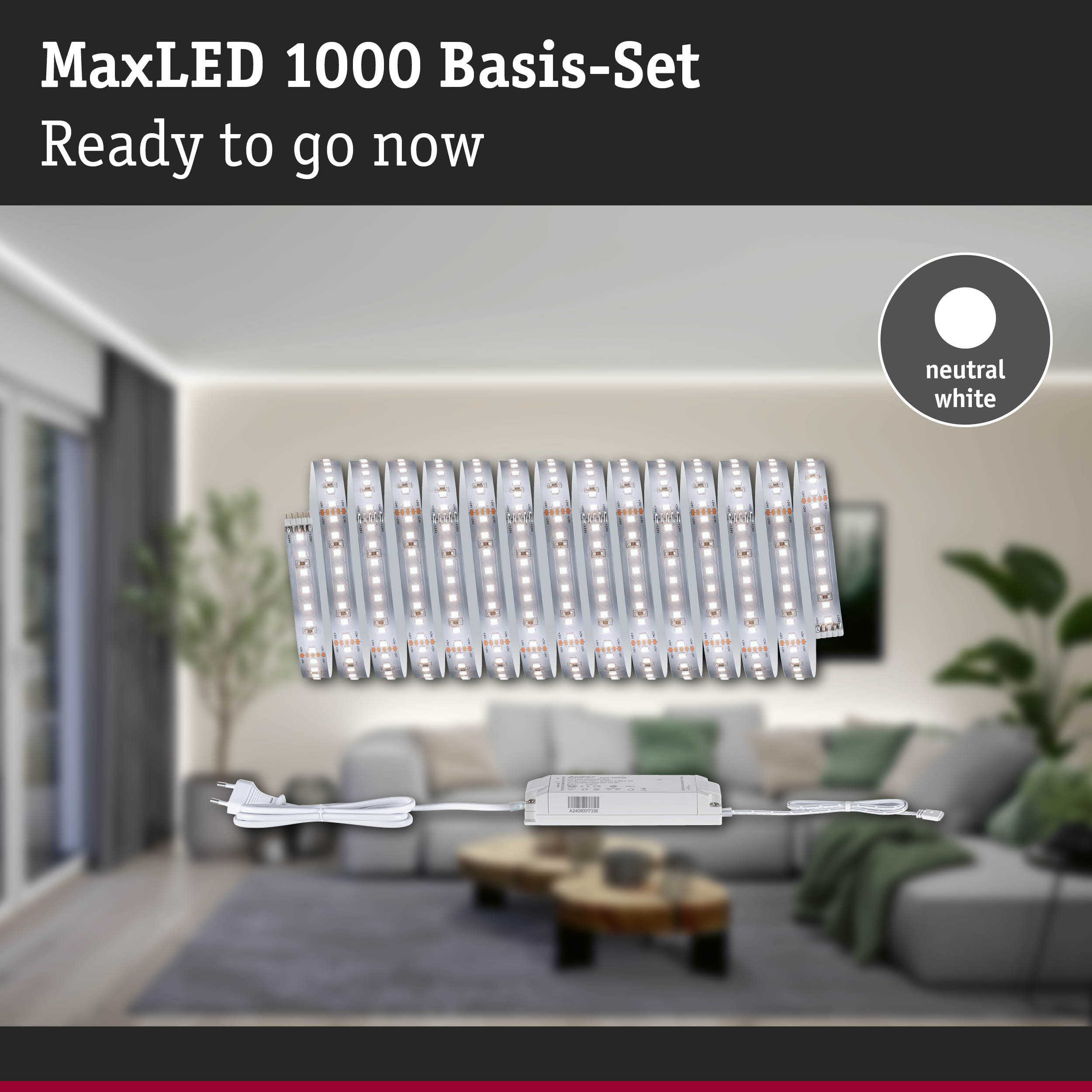 MaxLED 1000 base set with neutral white LED strips and power supply for versatile room lighting