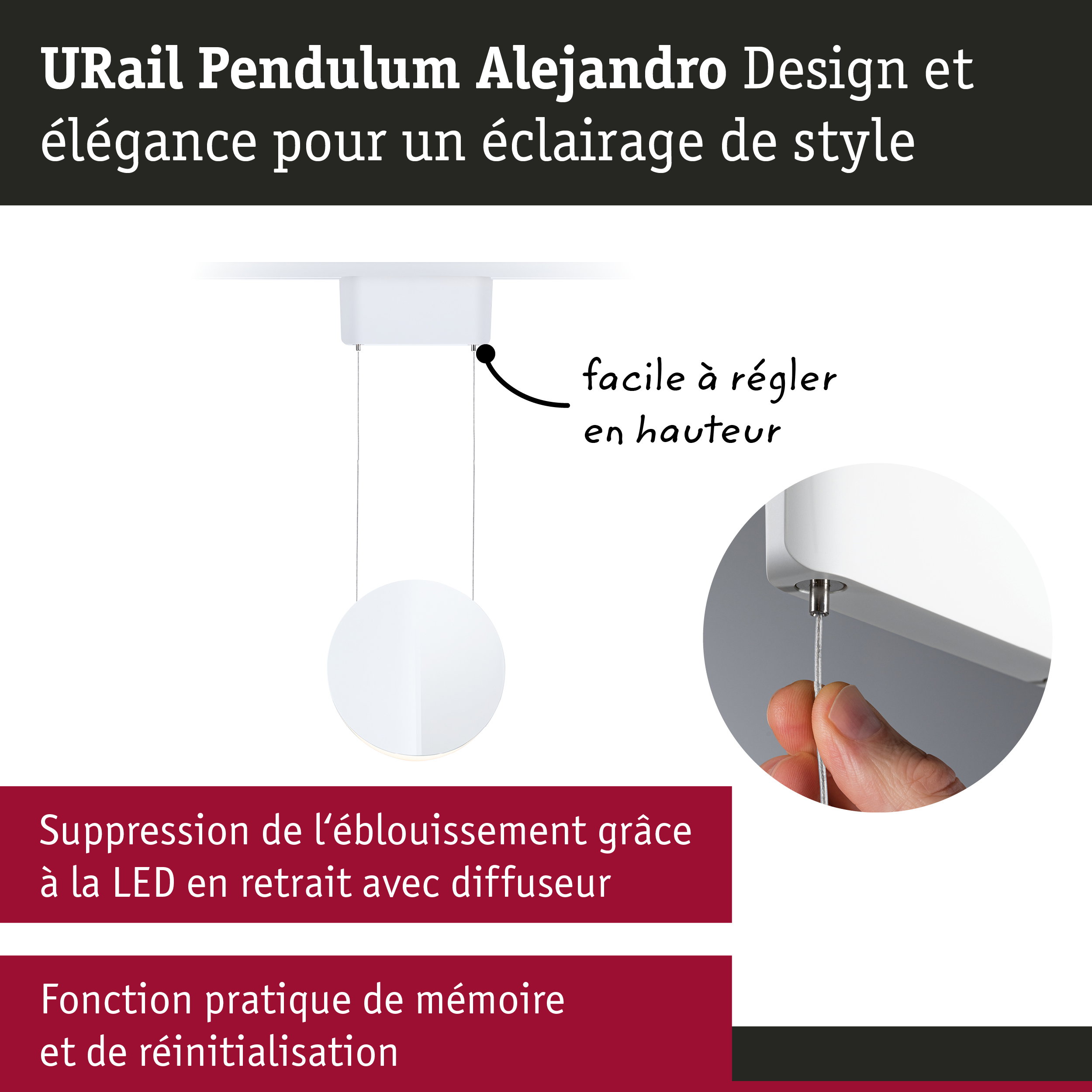 Suspension URail Pendulum Alejandro blanche avec LED réglable en hauteur et diffuseur anti-éblouissement