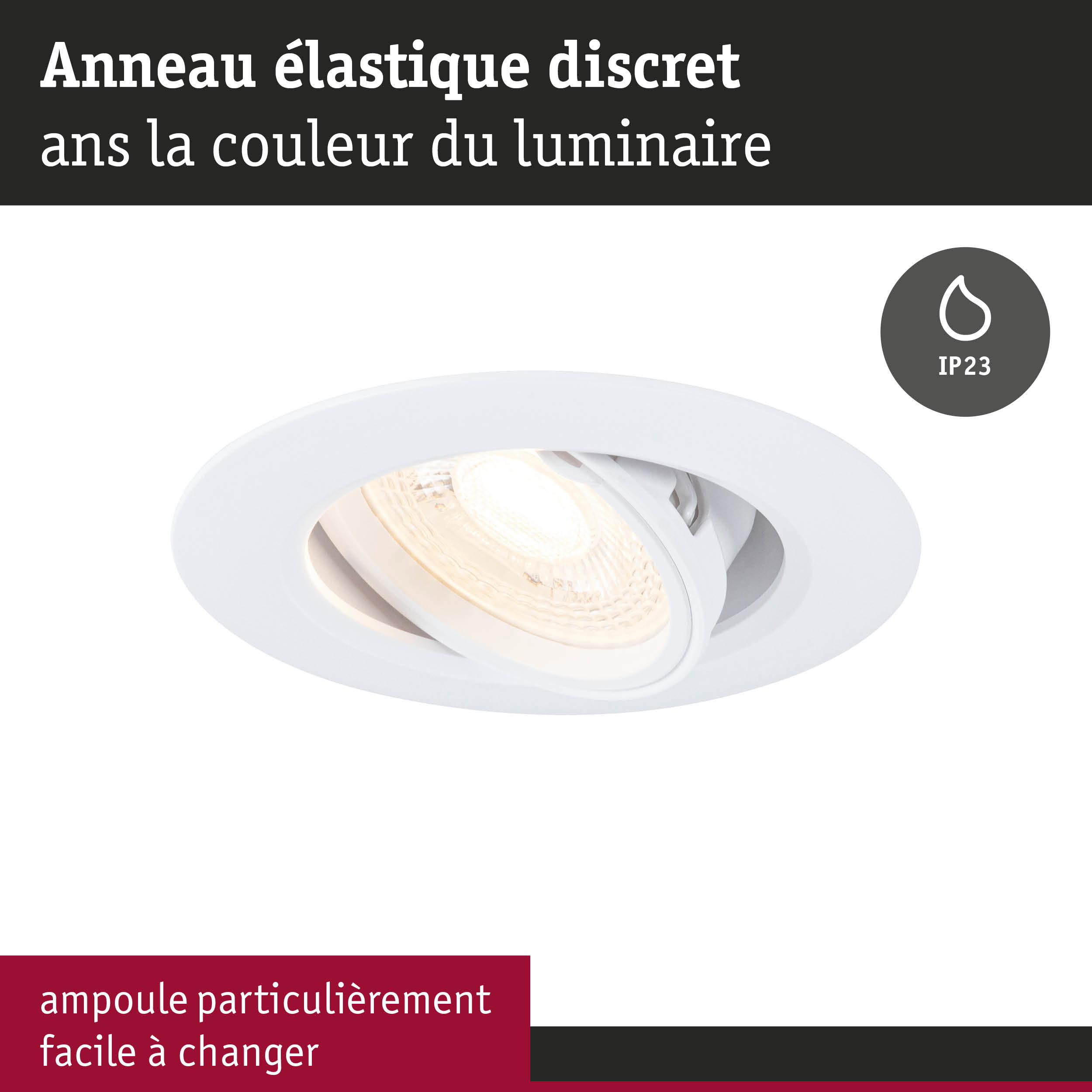 Spot encastré blanc avec anneau élastique et protection IP23 pour pièces humides
