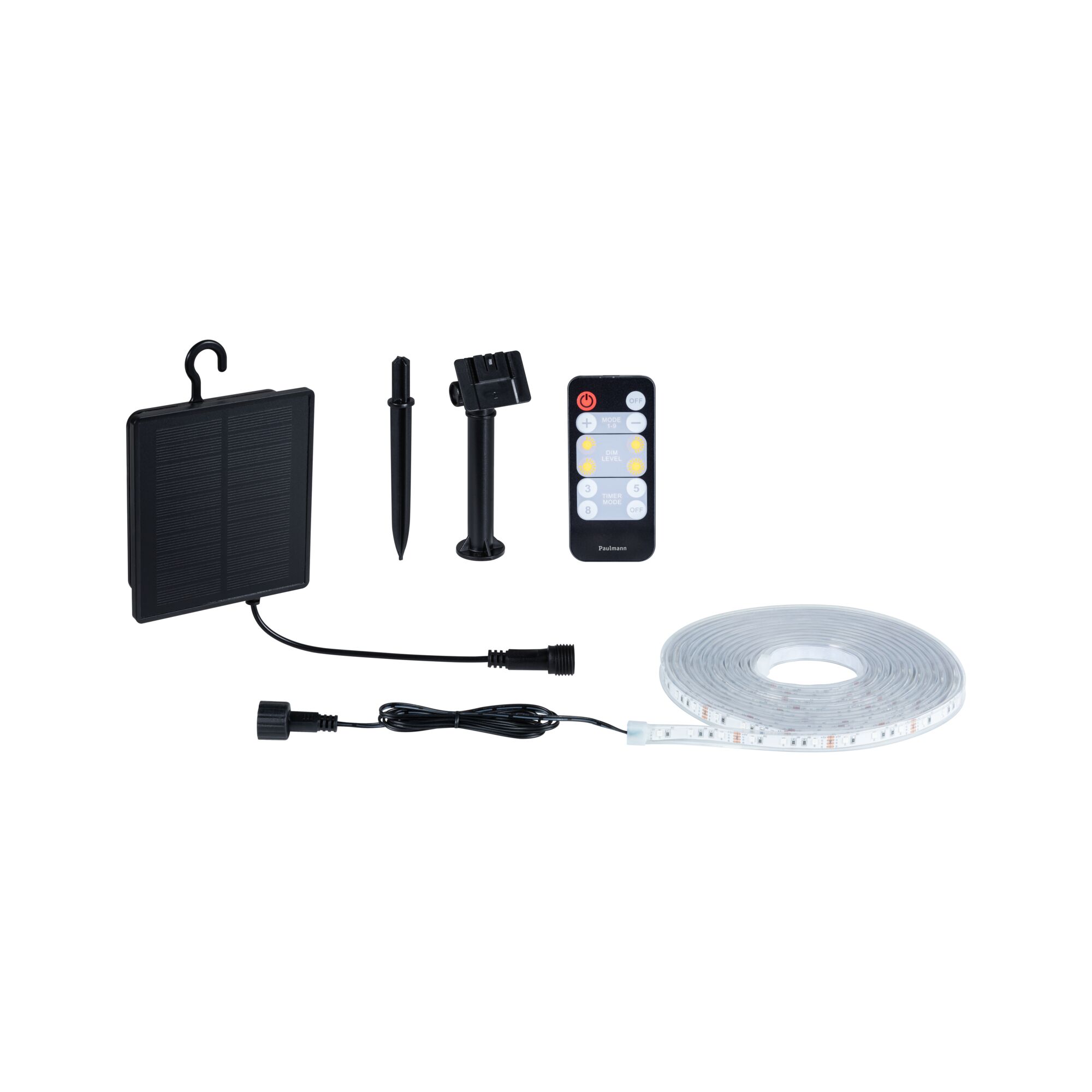 Black solar panel with LED strip, remote control and ground stake for outdoor lighting