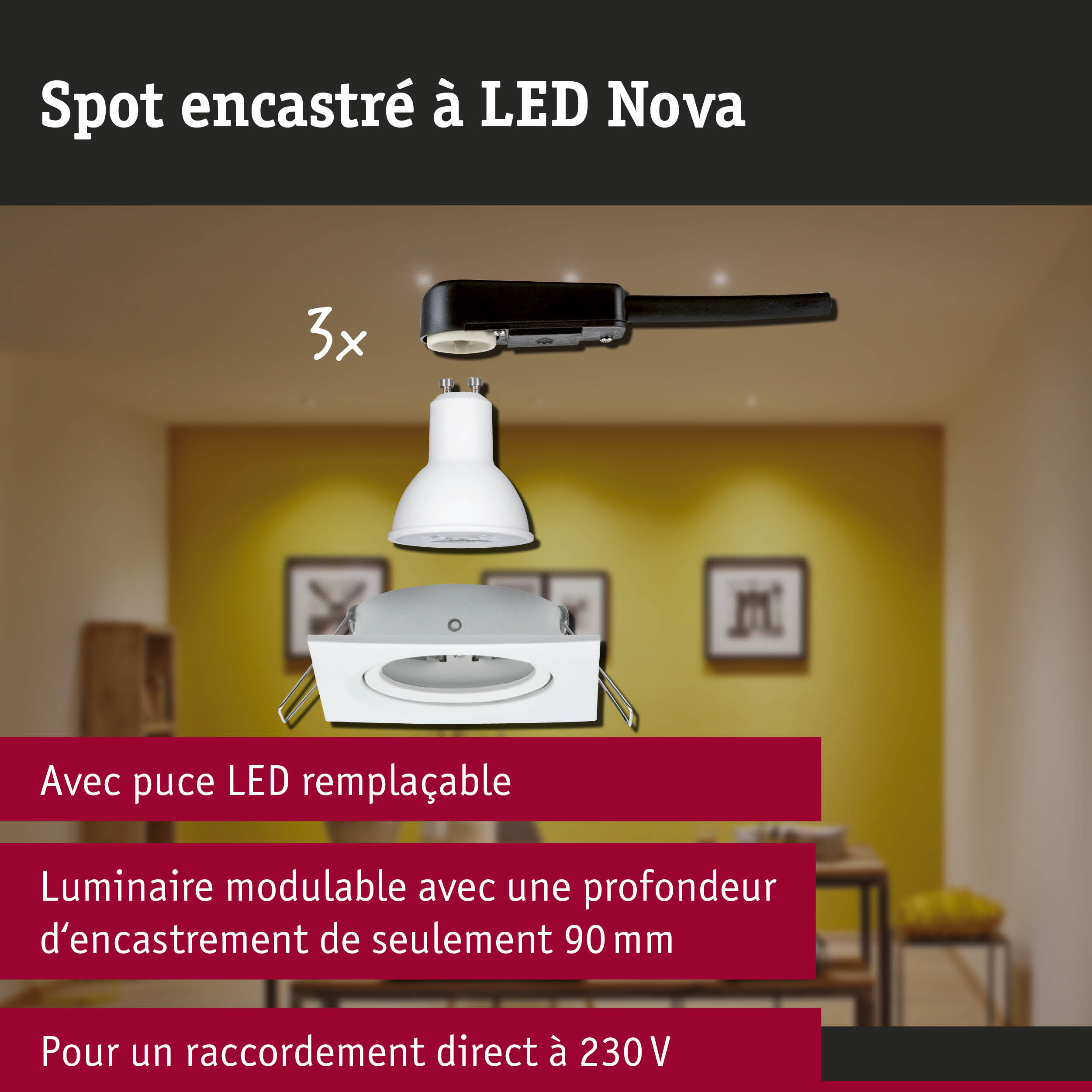 Spot encastré LED 3-Step-Dim Nova Kit de base orientable carré 84x84mm 50° GU10 3x6,5W 3x460lm 230V gradable 2700K Blanc dépoli