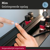 Zwart Miro rek met geïntegreerde opslag en touchschakelaar, ideaal voor nagellak en cosmetica.