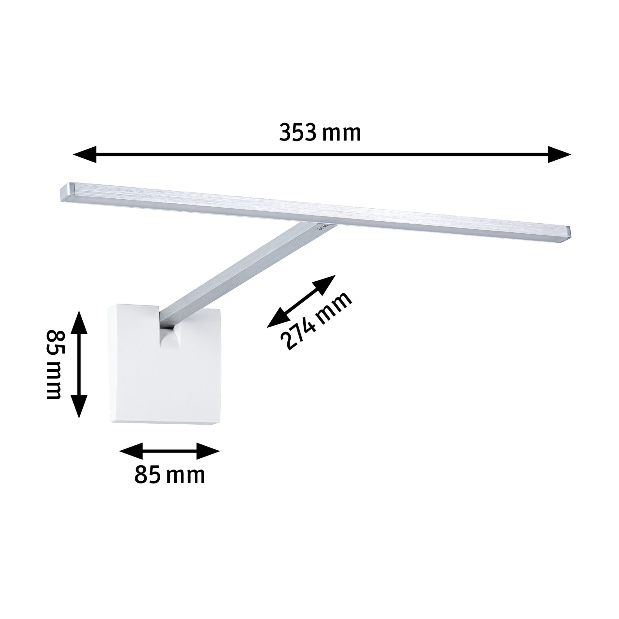 Moderne hvid LED-væglampe med aluminiumsarm, mål 353x85x274 mm, energibesparende væglampe