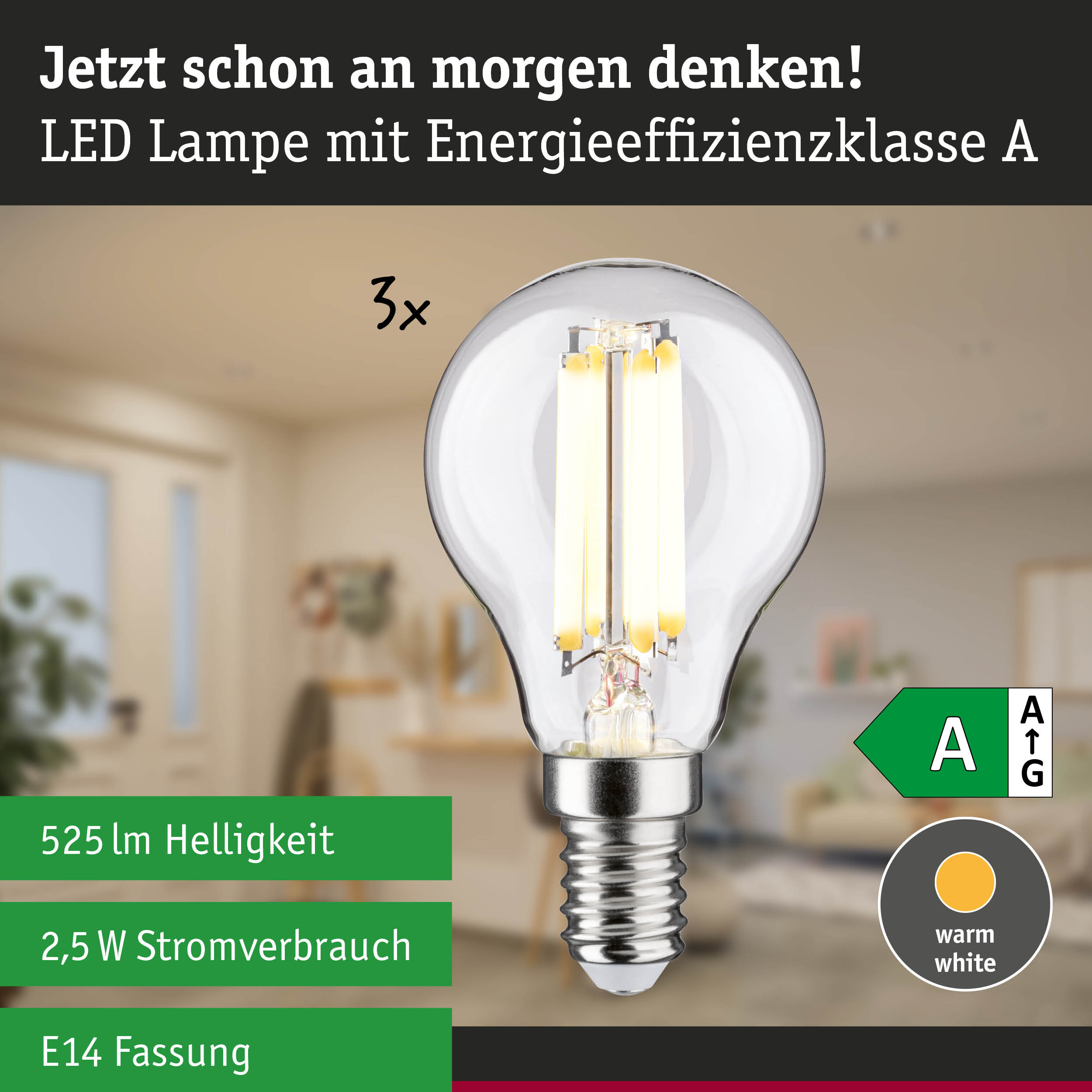 Efficient-Line Filament 230V LED Tropfen E14 3er-Set 82mm 525lm 2,5W 3000K Klar
