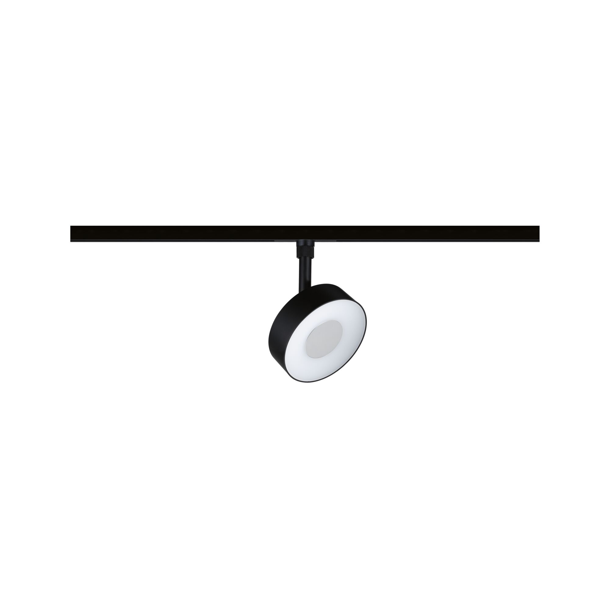 Black LED spotlight with round white light ring on track system for modern interior lighting