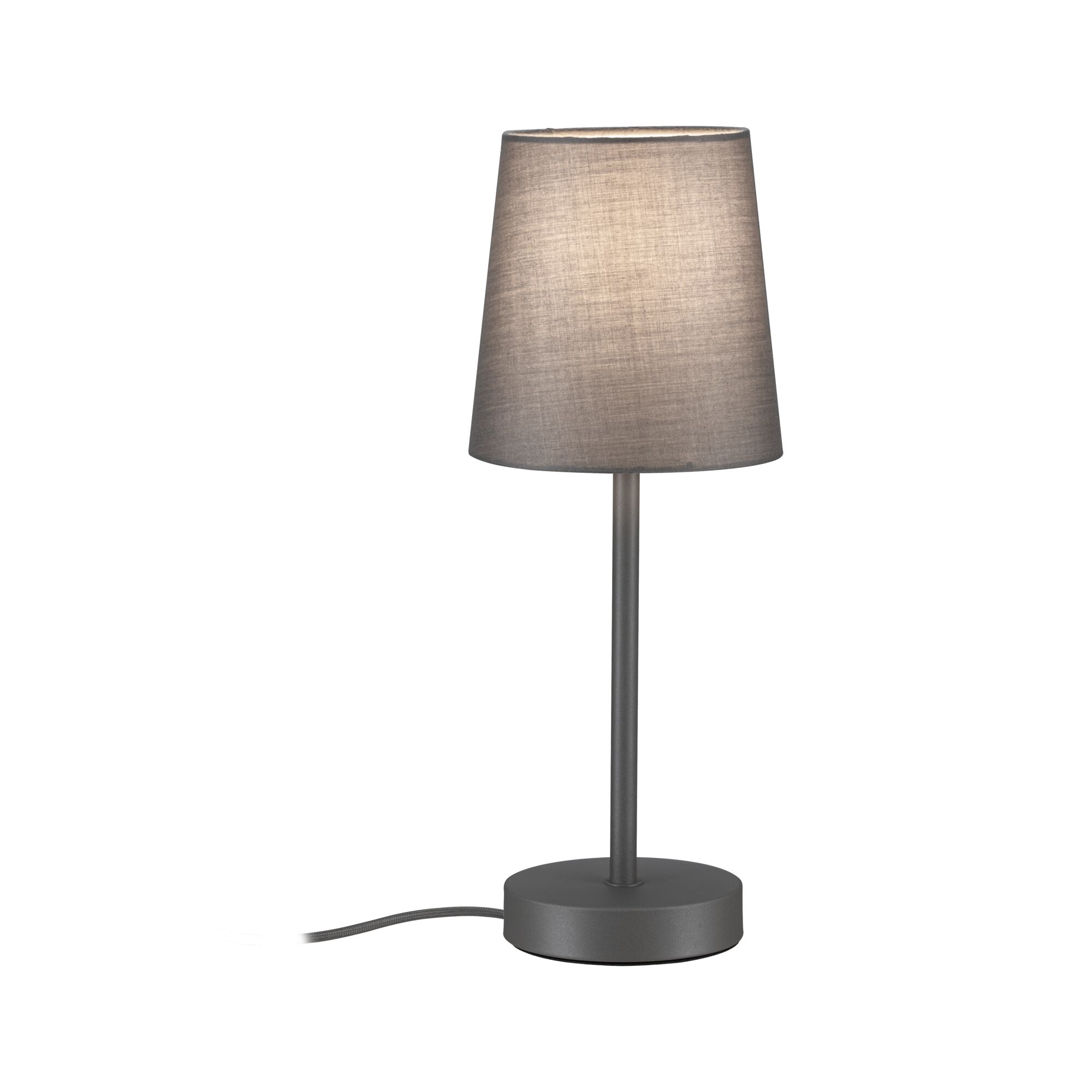 Moderne Tischlampe mit grauem Stoffschirm und Metallfuß für stimmungsvolle Beleuchtung