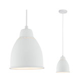 White metal pendant lamp with perforated design and warm white light for modern interiors