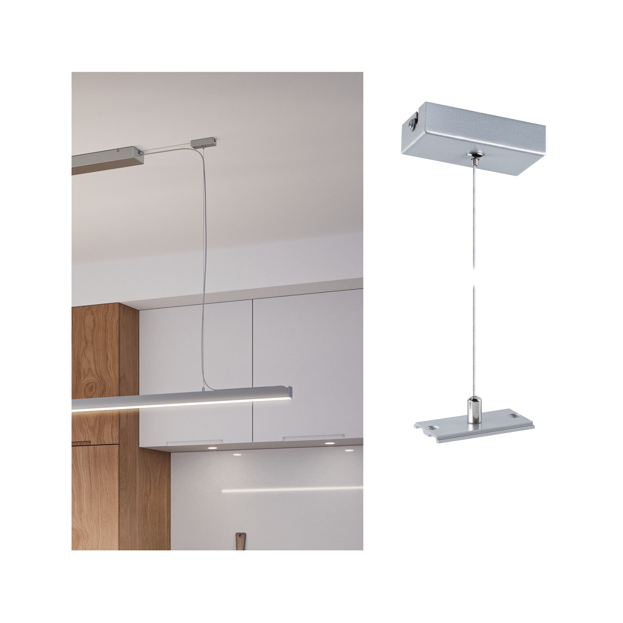 Linion Accessoires Suspension par câble Chrome mat 40x1500mm Suspension LED moderne en métal argenté avec câble fin, idéale pour l’éclairage de cuisine