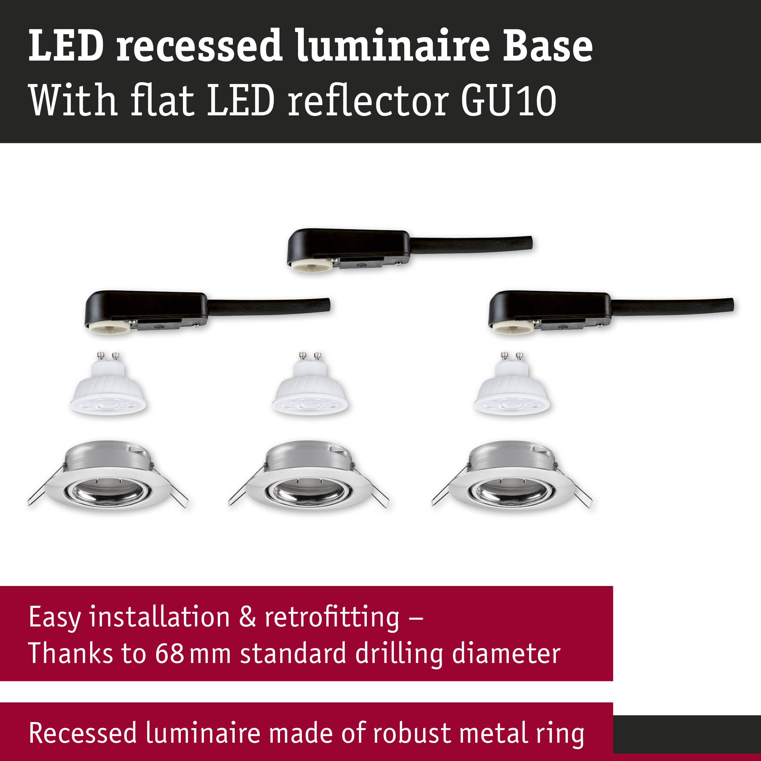 LED recessed luminaire with flat GU10 LED reflector and sturdy silver metal ring for easy installation