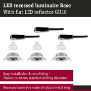 LED recessed luminaire with flat GU10 LED reflector and sturdy silver metal ring for easy installation