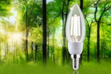 LED-lyspære i stearinlysform med klart glas og E14-fatning foran grøn skovbaggrund