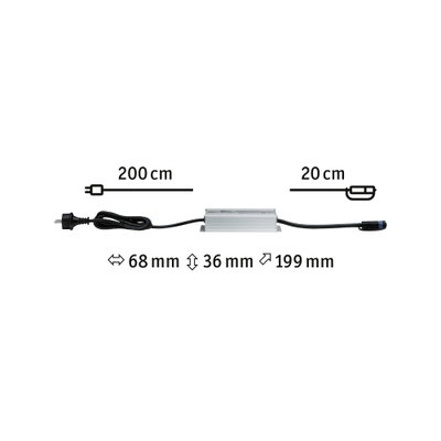 Silver aluminum electronic power supply with 200 cm and 20 cm cables, detailed technical dimensions shown.