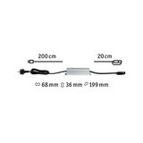 Silver aluminum electronic power supply with 200 cm and 20 cm cables, detailed technical dimensions shown.