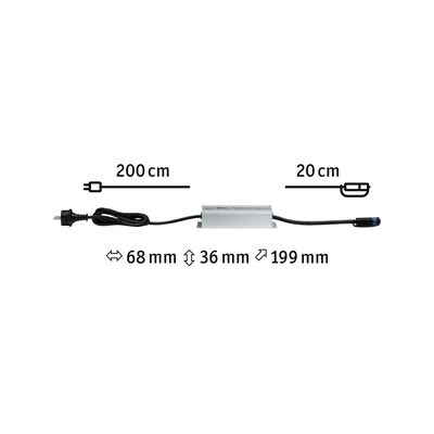 Silver aluminum electronic power supply with 200 cm and 20 cm cables, detailed technical dimensions shown.