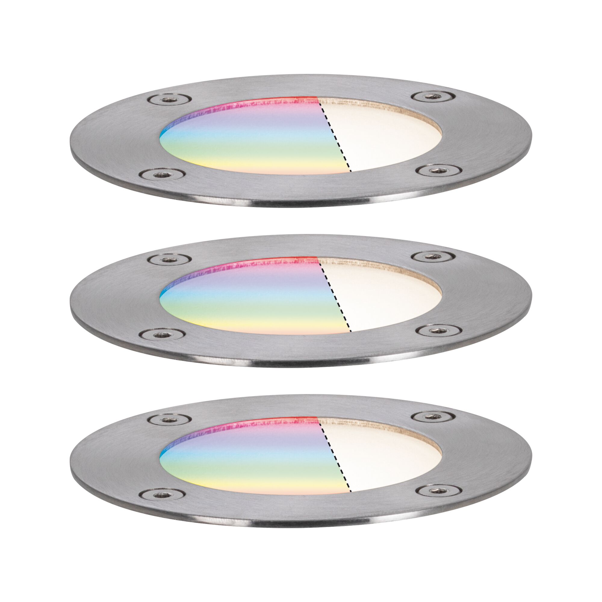 Trois spots encastrés ronds en acier inoxydable avec dégradé de couleurs et vis pour éclairage extérieur