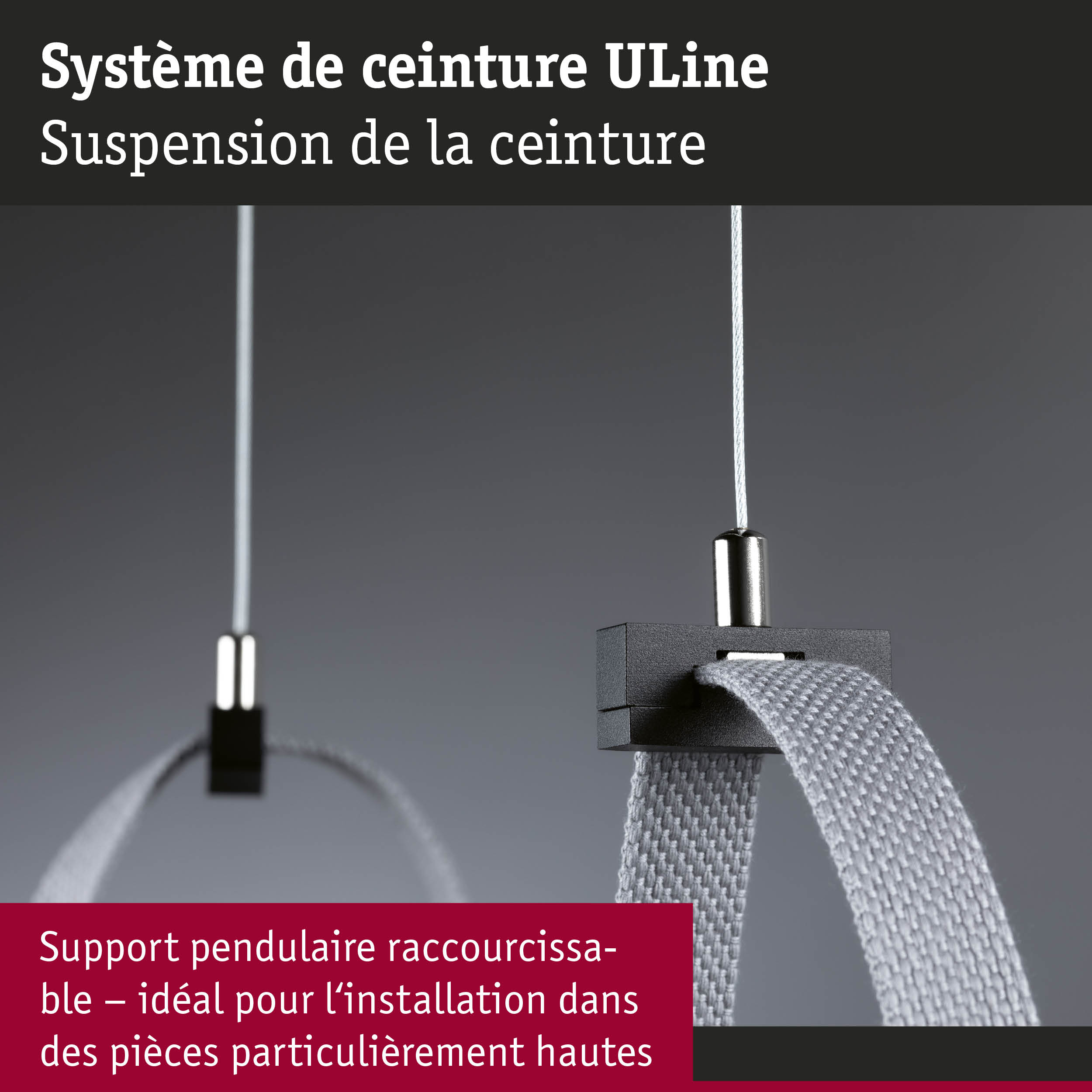Système de câble noir avec sangle textile grise pour suspension au plafond dans les pièces hautes