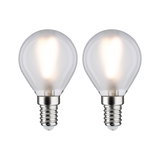 Zwei klare LED-Leuchtmittel mit E14-Fassung und warmweißem Licht für energiesparende Beleuchtung