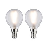 Two clear LED bulbs with E14 base emitting warm white light for energy-efficient lighting