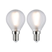 Two clear LED bulbs with E14 base emitting warm white light for energy-efficient lighting
