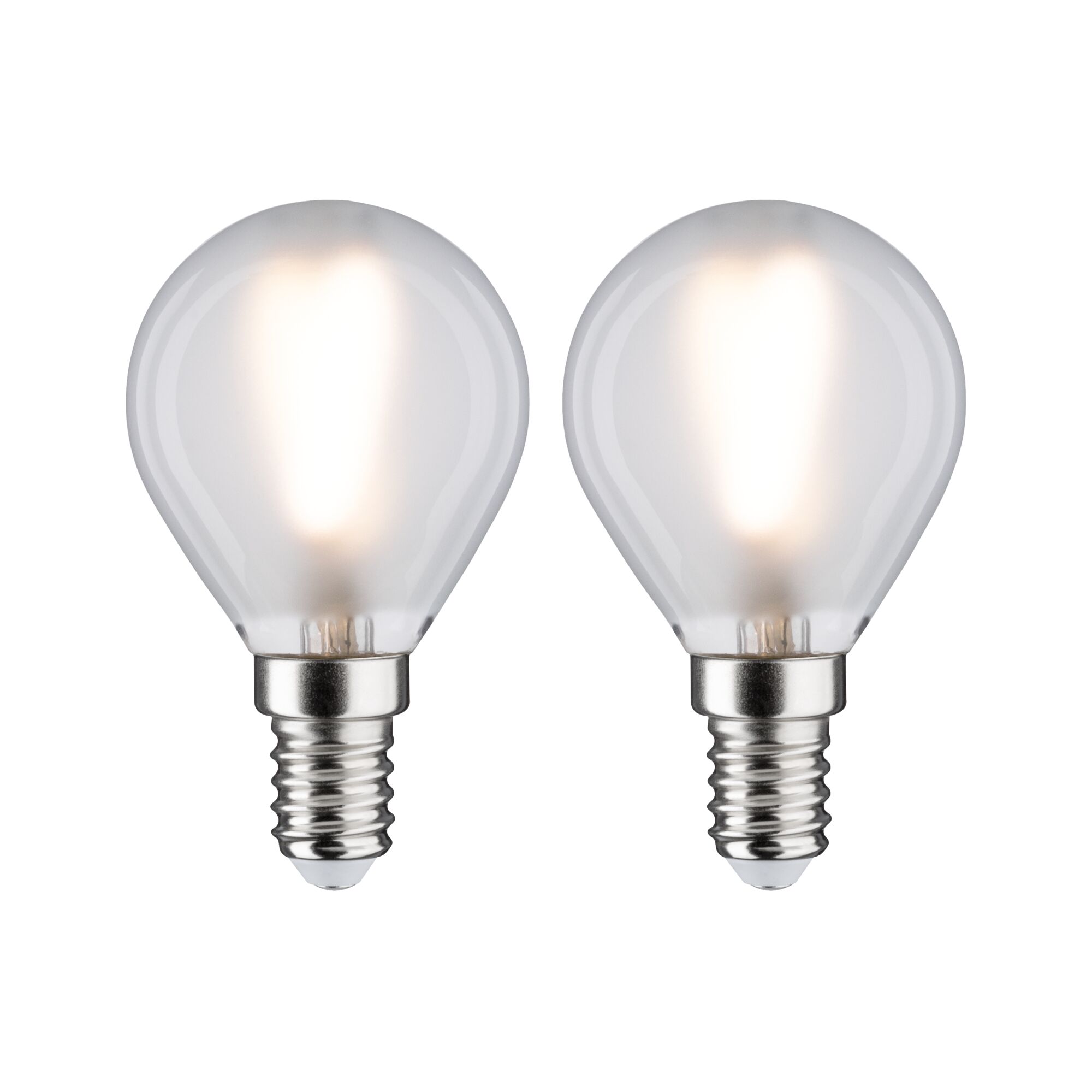 Two clear LED bulbs with E14 base emitting warm white light for energy-efficient lighting