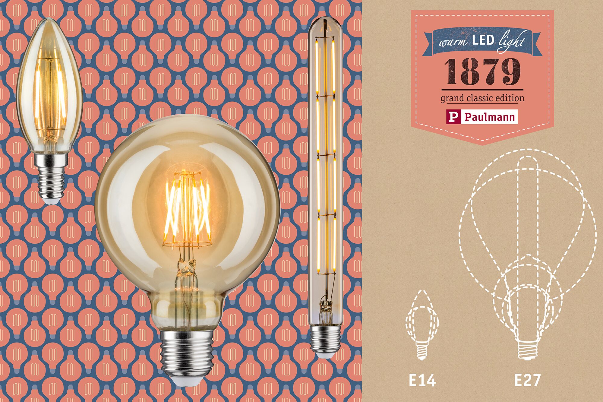 Three gold LED bulbs in various shapes with E14 and E27 bases providing warm LED light