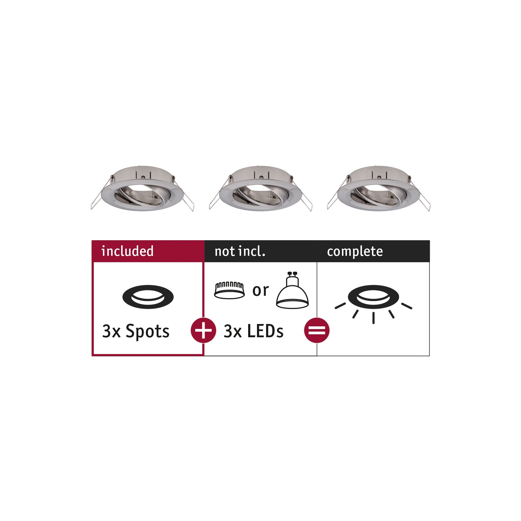 Drei silberne Einbaustrahler aus Metall ohne LED-Leuchtmittel, Beleuchtungssystem zum Kombinieren.