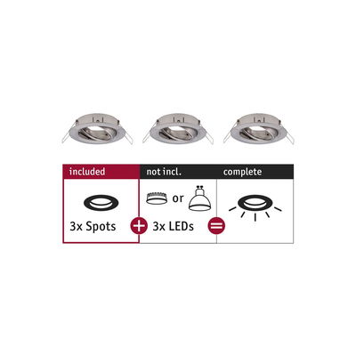 Drei silberne Einbaustrahler aus Metall ohne LED-Leuchtmittel, Beleuchtungssystem zum Kombinieren.
