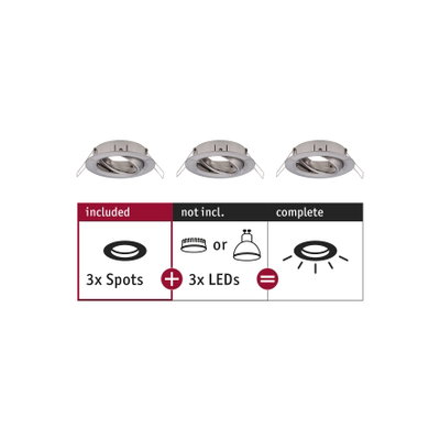 Drie zilverkleurige metalen inbouwspots zonder LED, modulair verlichtingssysteem om te combineren.