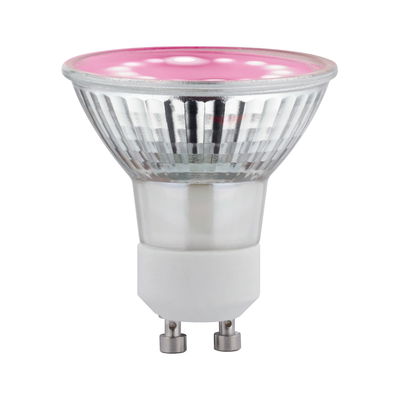LED reflector lamp with GU10 base, glass material and pink surface for decorative lighting use