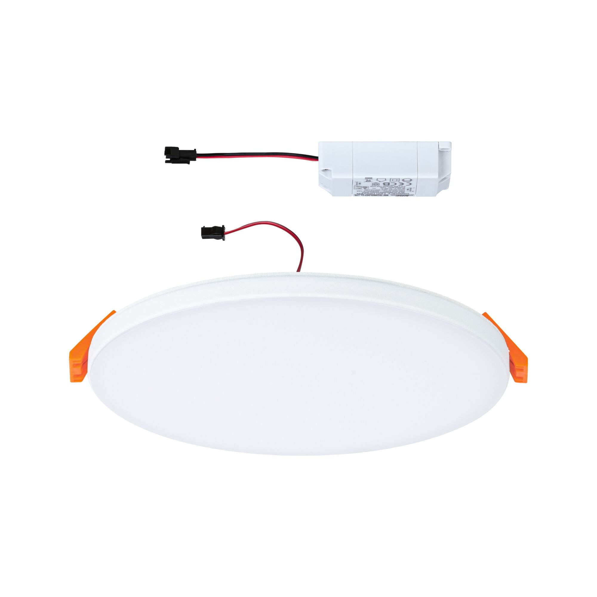 Round white LED recessed panel with orange clips and separate driver for energy-efficient lighting